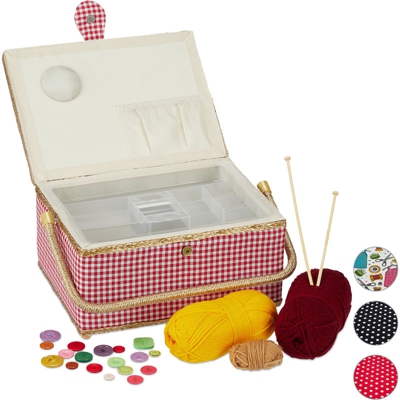 Scatola Cucito, Senza Contenuto, Organizer Estraibile, Coperchio, Portatile, Colorato,Cofanetto,rosso/bianco - RELAXDAYS