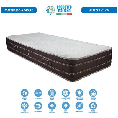 Materasso molle e memory Strong, singolo 80x190 con molle biconiche rinforzate e 2cm di memory, alto 25cm con portanza fino a 120 kg
