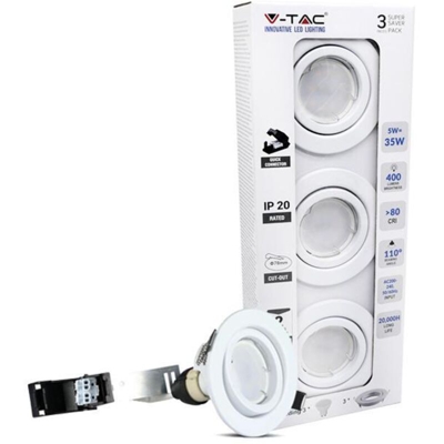 Kit super saver pack V-TAC VT-3333 Confezione 3pcs lampadine spot led gu10 5W 4000K con staffa e portafaretto orientabile bianco - sku 8882