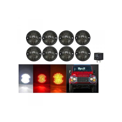 Kit 8 Fanali Led Anteriore Posteriori Laterali Lente Nero Fume Per Land Rover Defender 1983-2016 Compreso Relay CF14 - CARALL