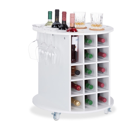 Mobile Portabottiglie Vino con Ruote Piroettanti, 6 Portabicchieri, Scaffale per 17 Bottiglie, Rotondo, HxD: 56x54 cm, Bianco - RELAXDAYS