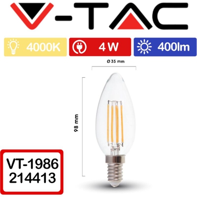 Lampadina LED V-TAC E14 4W Candela Filamento 4000K