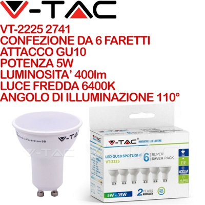 Faretto LED V-TAC GU10 5W 110ÃƒÆ’Ã¢â‚¬Å¡Ãƒâ€šÃ‚Â° Copertura Satinata 6400K (Box 6 Pezzi)