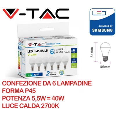 Lampadina LED V-TAC E14 5,5W P45 2700K (Box 6 pezzi)