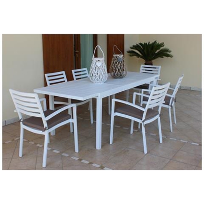 Set Tavolo Giardino Allungabile Rettangolare 160/240 X 90 Con 6 Poltrone In Alluminio Bianco Da Esterno