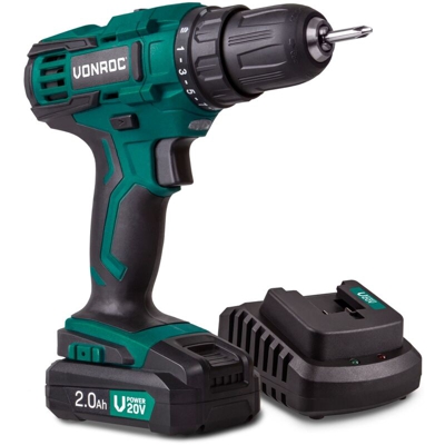 VONROC Trapano avvitatore a batteria VPOWER 20V. Set completo di batteria 2.0 Ah, caricabatteria, punte e sacca portautensili