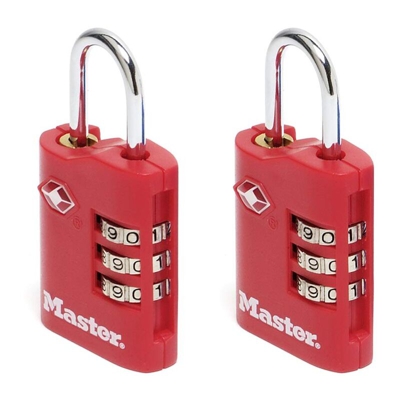 Master Lock 4686EURT Set Lucchetti TSA, Combinazione Programmabile a 3 Cifre, Zinco, Viola/Blu/Rosso/Nero, 2 Pezzi