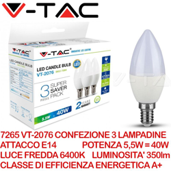 Lampadina LED E14 5,5W Candela 6400K (Box 3 Pezzi) - V-tac en oferta