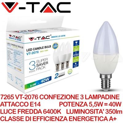 Lampadina LED E14 5,5W Candela 6400K (Box 3 Pezzi) - V-tac