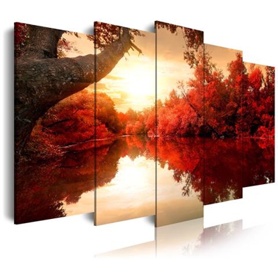 Quadro Moderno Su Tela Montato Su Telaio In Legno Di 5 Pezzi, Natura Lago Con Tramonto E Alberi Rossi, 150x80 Cm