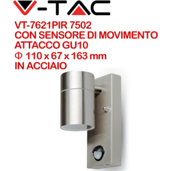 V-TAC VT-7621PIR Portalampada da muro wall light acciaio 1xGU10 con sensore PIR - SKU 7502 características