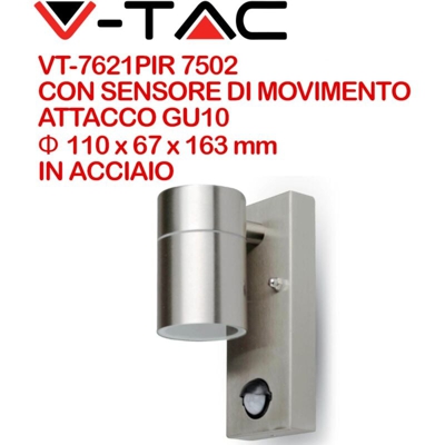 V-TAC VT-7621PIR Portalampada da muro wall light acciaio 1xGU10 con sensore PIR - SKU 7502