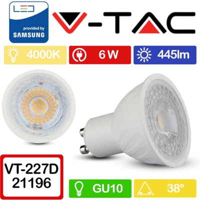 PRO VT-227D Lampadina spot led chip samsung SMD 6,5W GU10 bianco naturale 4000K dimmable - SKU 196 - V-tac