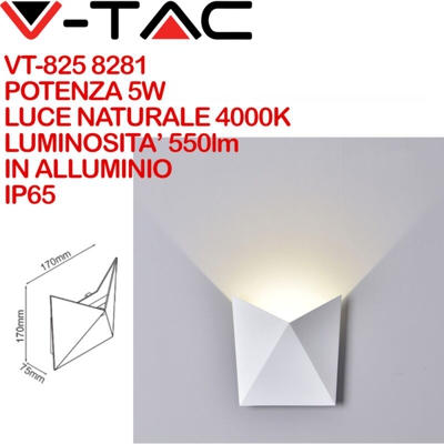 V-TAC VT-825 Lampada LED COB 5W da parete alluminio bianco wall light bianco naturale 4000K IP65 - SKU 8281