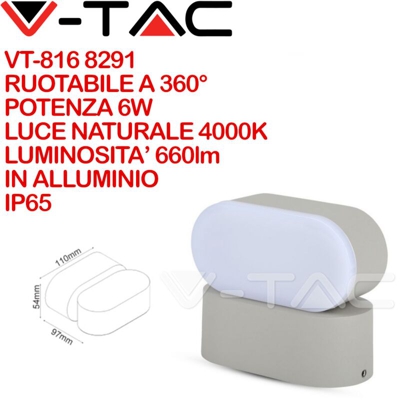 V-TAC VT-816 Lampada LED 6W da parete grigio testa ruotabile wall light bianco naturale 4000K IP65 - SKU 8291