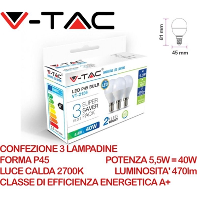 Lampadina LED E14 5,5W P45 2700K (Box 3 Pezzi) - V-tac