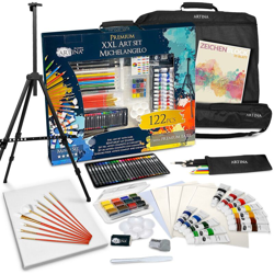 Artina Set per Pitturare XXL Michelangelo 111+11 unità: Cavalletto da Campo o da Tavolo, Colori acrilici, Pennelli, Pastelli, Acquerelli, Tela etc. precio