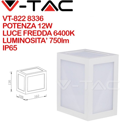 V-TAC VT-822 Lampada applique LED 12W wall light white cube bianco freddo 6400K - sku 8336