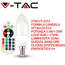 lampadina led a candela multicolore rgb radiocomando 200° 220-240 volt 3,5 watt A+ CE E14 bianco caldo si tec 646727 - V-TAC características