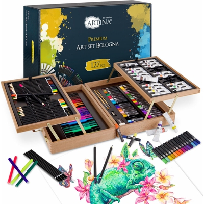 Set di Colori Assortiti Bologna 127 Articoli - Set Pittura e Disegno - con Valigetta: pastelli a Olio, matite, acquerelli, acrilici, pennelli ECC