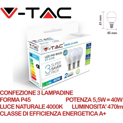 Lampadina LED E14 5,5W P45 4500K (Box 3 Pezzi) - V-tac