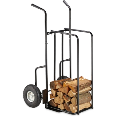 Carrello XL per Legna, in Metallo, con 2 Ruote Grandi, Fino a 200 kg, per il Trasporto e lo Stoccaggio, Nero - RELAXDAYS