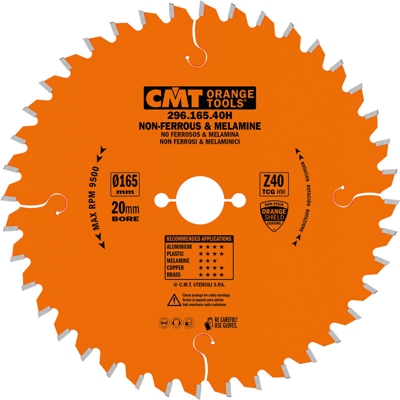 Cmt Orange Tools - 296.165.40H LAMA X NON FERROSI-PLASTICA HW 165X2.2/1.6X20 Z40 TCG -6°NEG