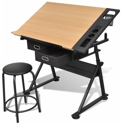 Tavolo inclinabile con due cassetti tavolo da disegno con sgabello - VIDAXL