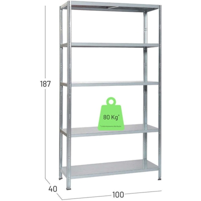Scaffale 5 Ripiani Portata Ripiano 80kg 100X40X186 Incastro Zincato - Grima