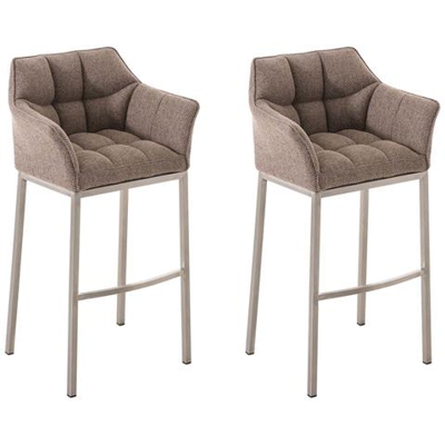 Set 2 Sgabelli Bar DAMASO - Sgabello Alto Design Trapuntato in Tessuto, con Braccioli e Schienale Imbottiti e Poggiapiedi l Sedia Sgabello Cucina Bar Pub 4 Gambe Marrone Terra Acciaio Inox