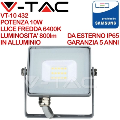 V-Tac Proiettore Led Slim Chip Samsung 10W Colore Grigio Luce Fredda Vt-10-G 432