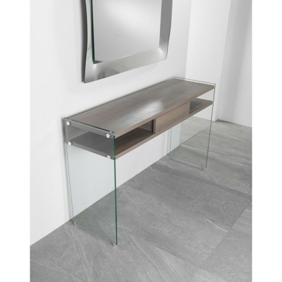 Helsinki - Consolle tavolo da salotto soggiorno in vetro cristallo e legno con cassetto - BRICOZONE