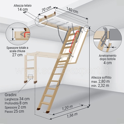 Scala Expert - D. Scala retrattile in legno - Dimensioni del foro : 70x140cm