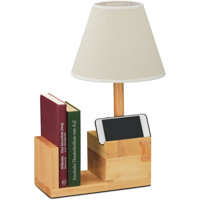 Relaxdays - Lampada da Scrivania, Porta Libri & Cellulare in Legno, E27, Accessori per Cameretta & Salotto, Naturale/Crema