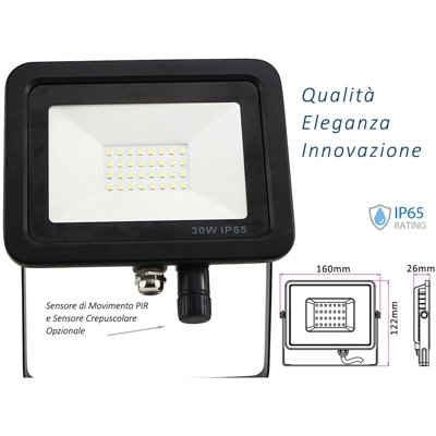 Faro Led Flood Light Slim 30W IP65 Bianco Neutro Carcassa Nera Sensore PIR Opzionale CL1918 - LEDLUX