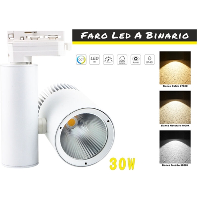 Ledlux - Faro Lampada Led A Binario 30W Mono Fase CCT CRI 90 Carcassa Bianca 2700K 4000K 6000K 3 In 1 Luce Stretta 24 Gradi