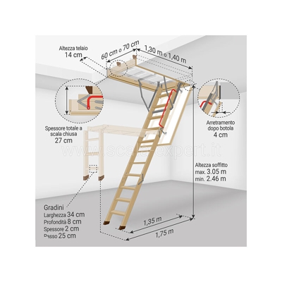 Scala Expert - B. Scala retrattile in legno - Altezza soffitto massima 3.05m - Dimensioni foro : 60x140cm