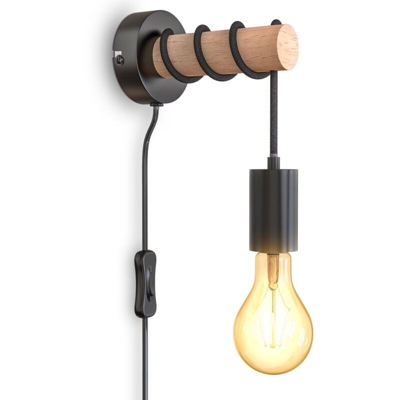 B.K.Licht I Lampada da parete I 1 lampada da parete vintage a fiamma I Industrial Design I Lampada retrò I Acciaio I Legno I Tondo I E27 I senza