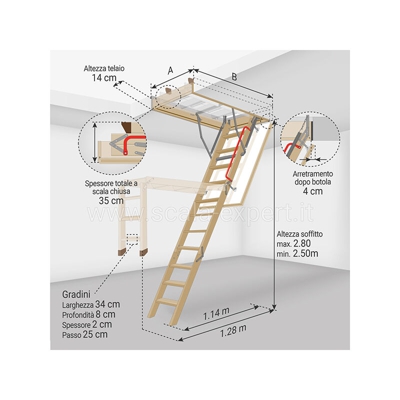 Scala Expert - C. Scala retrattile in legno - Altezza soffitto massima 2.80m - Dimensioni foro : 60x120cm