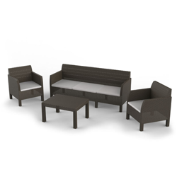 Set Matilde 5 posti + tavolino e cuscino anti-uv, color marrone. Dim. cm 182x65x76h Sofa, 65x65x75h Poltrona (x2), cm 76x59x41h Tavolino - TOOMAX en oferta