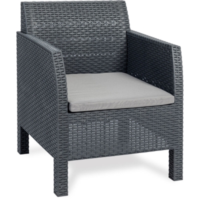Set Matilde 5 posti + tavolino e cuscino anti-uv, color marrone. Dim. cm 182x65x76h Sofa, 63x65x76h Poltrona (x2), cm 76x58x41h Tavolino - TOOMAX