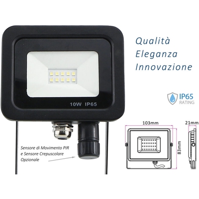 Faro Led Flood Light Slim 10W IP65 Bianco Neutro Carcassa Nera Sensore PIR Opzionale CL1918 - LEDLUX
