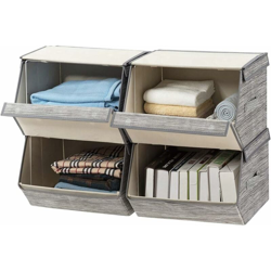 Set di 4 contenitori impilabili con coperchio e maniglie, scomparti pieghevoli in tessuto di lino con struttura in metallo, organizer pieghevoli per características
