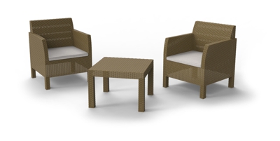 Set Matilde 2 Posti + Tavolo da Giardino (Cuscino UV), color grigio tortora/grigio chiaro. Dim. cm 65x65x75h Poltrona (x2), cm 59x59x41h Tavolino