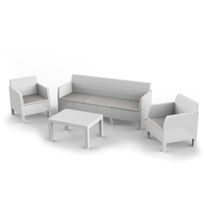 Set Matilde 5 posti + tavolino e cuscino anti-uv, color bianco. Dim. cm 187x65x75h Sofa, cm 65x65x75h Poltrona (x2), cm 76x59x41h Tavolino - TOOMAX