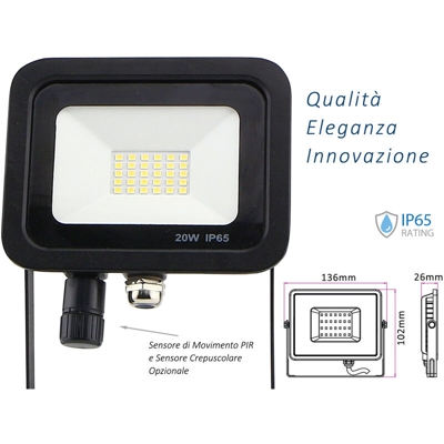 Faro Led Flood Light Slim 20W IP65 Bianco Neutro Carcassa Nera Sensore PIR Opzionale CL1918 - LEDLUX