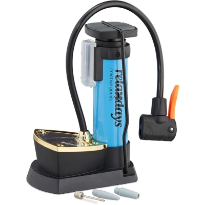 Relaxdays - Pompa a Pedale con Manometro, Universale, 3 Adattatori, 10 bar di Pressione, Palloni, 18,5 x 14 x 9,5 cm, blu