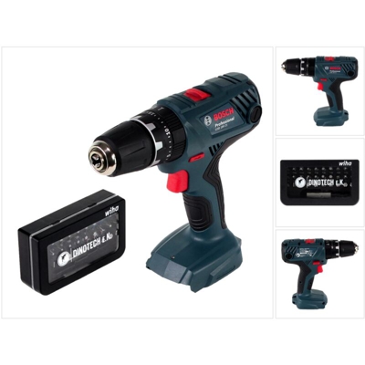 Bosch GSB 18 V-21 Professional Trapano avvitatore con percussione a batteria + Set di 31 punte Wiha Dinotech Edition - senza batteria, senza