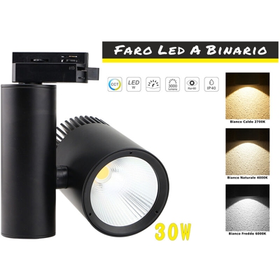 Faro Lampada Led A Binario 30W Mono Fase CCT CRI 90 Carcassa Nera 2700K 4000K 6000K 3 In 1 Luce Stretta 24 Gradi - LEDLUX
