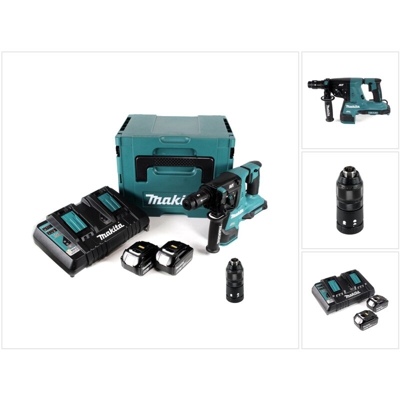 Makita DHR 281 PGJ Tassellatore a batteria 2x 18 V / SDS-PLUS in valigetta Makpac + 2x Batterie BL 1860 B 6,0 Ah + 1x Caricabatterie doppio DC 18 RD